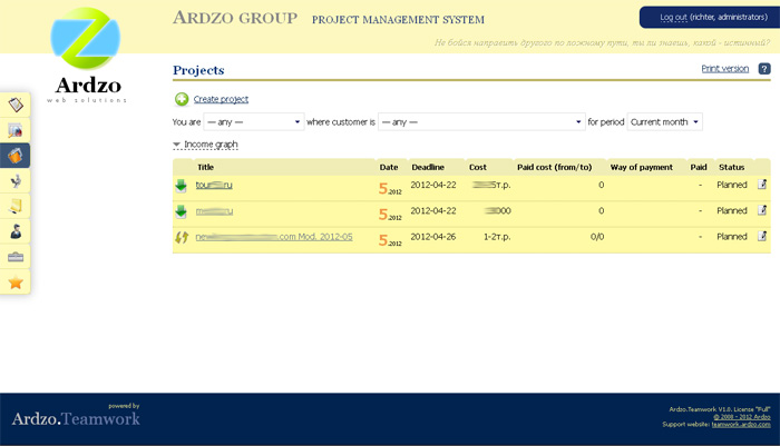 Projects: screenshot of project management system Ardzo.Teamwork